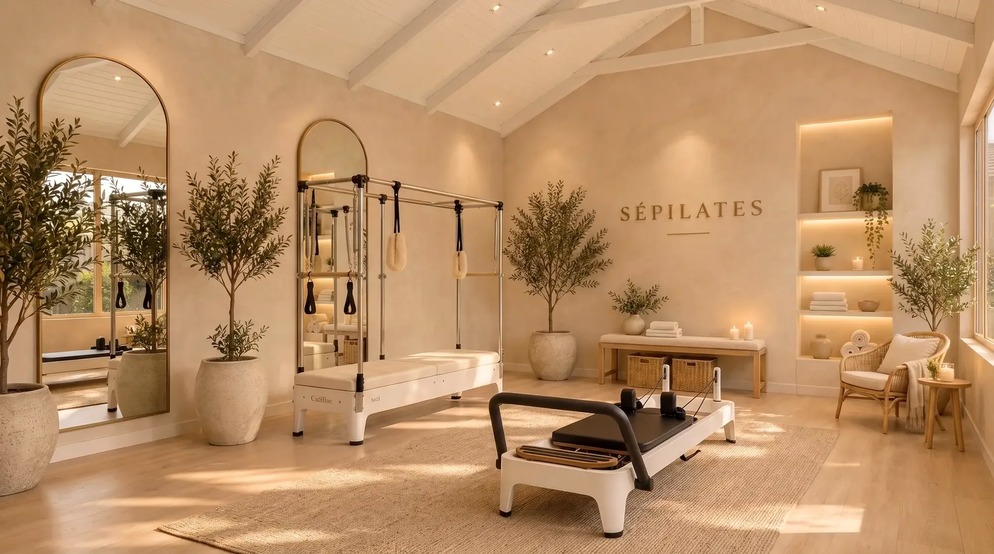 The Sépilates studio with reformer, Cadillac and the Sépilates sign on the feature wall